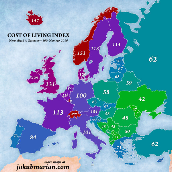 Карта «стоимость жизни» в странах Европы
