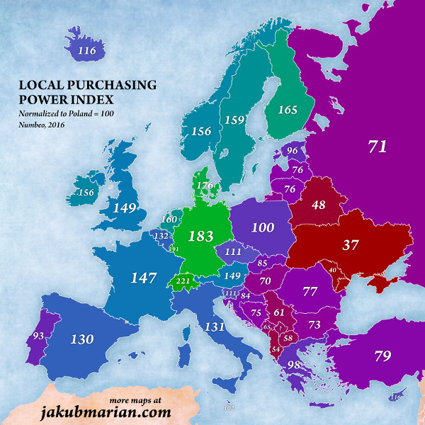 Карта платёжеспособности населения по странам Европы