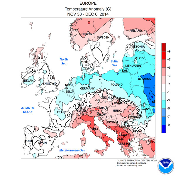 Карта температур в Европе